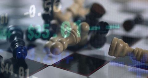 Toppling chess pieces on board with dollar overlays representing market risk and strategy