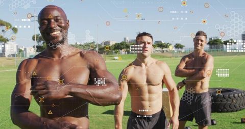 Shirtless athletes training outdoors flexing with tractor tire and hud fitness overlay