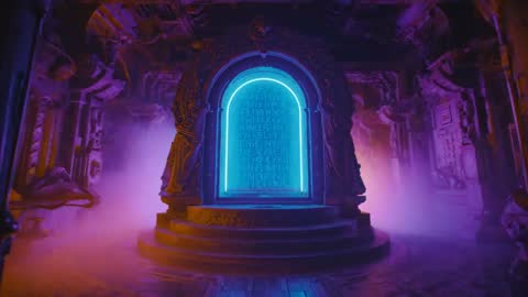 Glowing Portal in Ancient Runic Temple with Mystic Mist