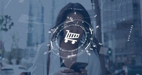 Woman checking smartphone with augmented reality shopping cart hud in urban street shopping trends
