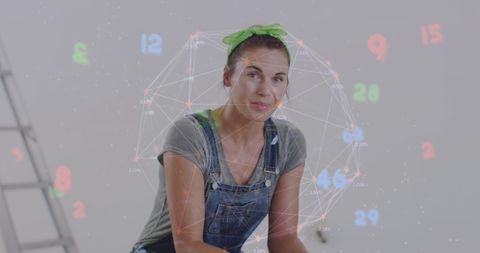 Caucasian Woman in Overalls with Digital Connections Overlay
