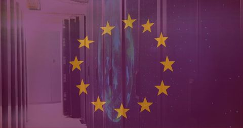 Digital Europe Concept with Servers and EU Flag Overlay