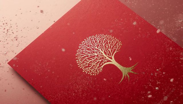 Gold Foil Tree Emblem on Crimson Cardstock with Metallic Shine and Soft Blush Speckles
