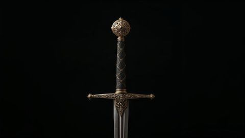 Ornate medieval sword with gold-plated pommel against black background