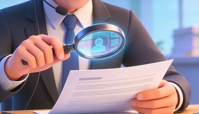 Recruiter reviewing resume with magnifying glass and holographic profile