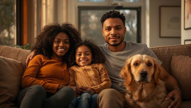 Multicultural family smiling and cuddling on cozy sunlit sofa with golden retriever dog