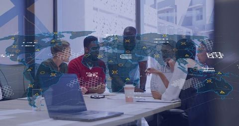 Business team reviewing global data overlay for boardroom collaboration and strategy