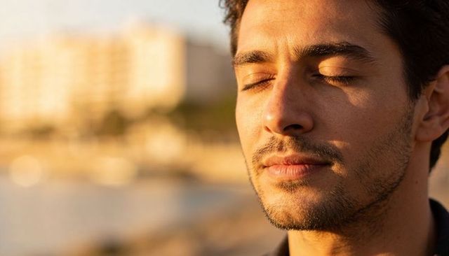 Man basking in warm sunset light at waterfront, eyes closed, calm contemplative portrait