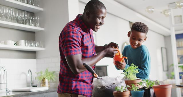 Father and son engaging in an indoor gardening activity in their kitchen. They are seen smiling and working together to plant herbs in small pots. Ideal for use in websites and magazines related to family activities, parenting, educational content, gardening tips, and home decor inspiration.