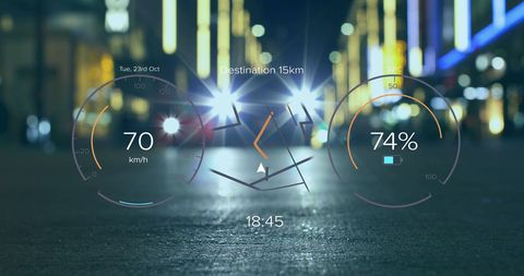this image showcases a futuristic hud speedometer display as seen from inside an electric car, overlaying a nighttime cityscape. it conveys themes of technology and advancement in digital data processing, making it ideal for use in content related to electric vehicles, smart transportation technology, and advancements in automotive innovation. perfect for articles or advertisements focusing on modern travel experiences and tech-savvy transportation solutions.