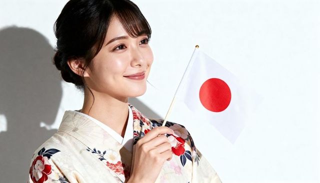 Japanese woman in floral kimono holding national flag, elegant traditional portrait