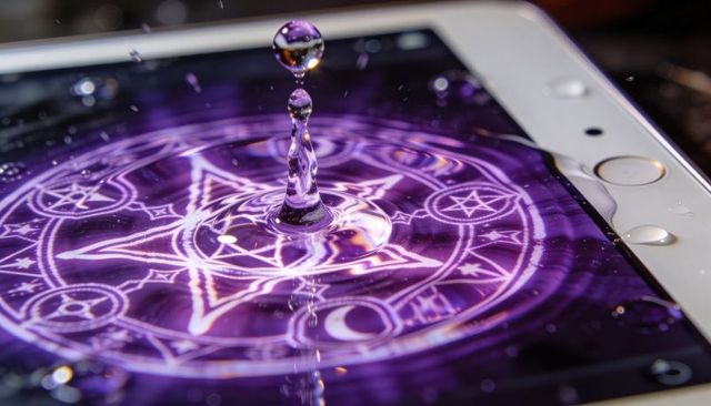 Purple occult sigil forming ripples with water droplet on tablet screen, macro fantasy tech