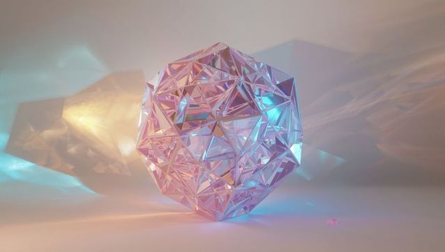 Futuristic translucent polyhedron with light patterns and gradient hues