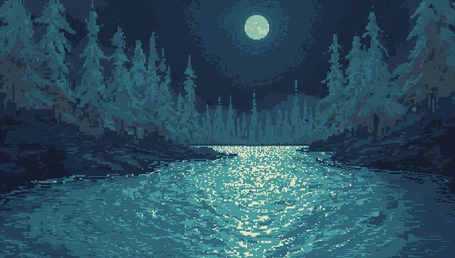 Retro pixel moonlit forest river reflecting teal moonlight over rippling water at night