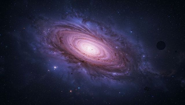 Spiral galaxy unfolding with glowing core, dust lanes and planet silhouettes