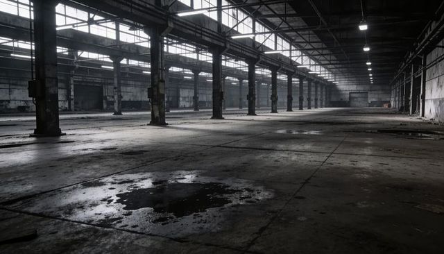 Derelict industrial hall featuring central steel columns, skylights and reflective puddles