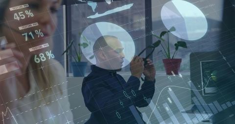 Business Professional Using Smartphone in Modern Office with Analytics Overlay