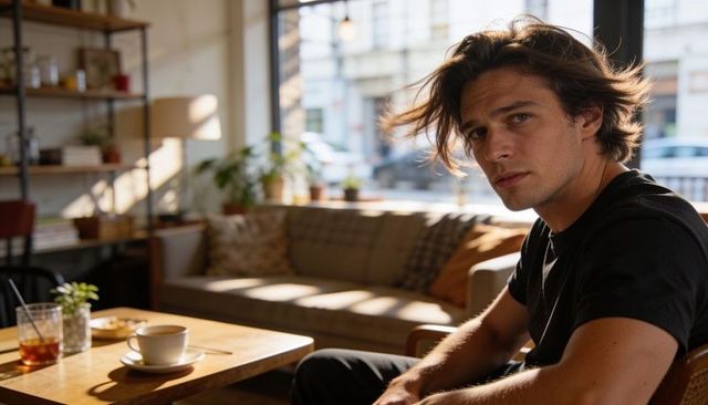 Sunlit urban cafe contemplative portrait young man sitting wooden table sipping iced drink