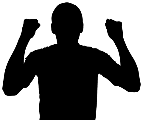 Silhouette of man raising fists in victory on transparent background