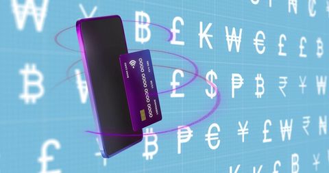 Digital banking with smartphone and global currency symbols