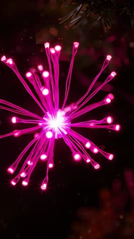 Vertical video showing magenta fiber-optic starburst pulsing beside evergreen branches