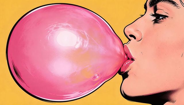 Retro pop art woman blowing large pink bubblegum bubble close-up portrait halftone