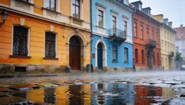 Puddles rippling on wet cobblestone reflecting colorful historic townhouses in heavy rain