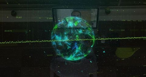 Displaying Holographic Data Globe with Green Waveform Analytics Over Office Workspace