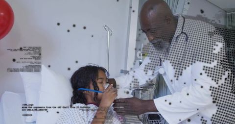 Doctor adjusting oxygen mask for child in pediatric care with red balloon overlay