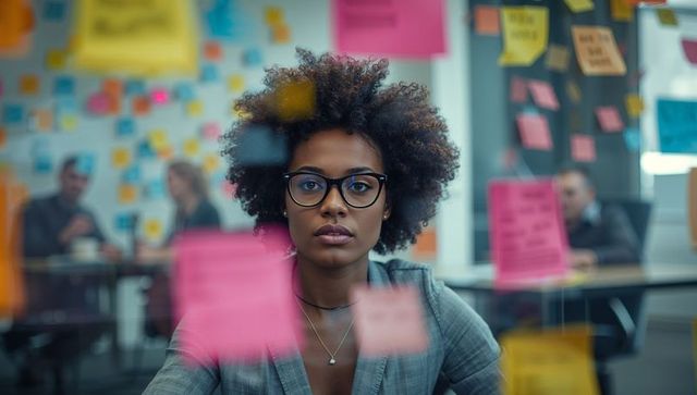 Focused Businesswoman Analyzing Ideas on Colorful Sticky Notes