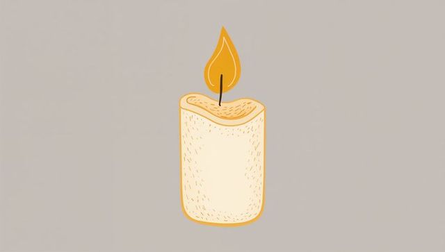 Minimalist glowing pillar candle illustration with melted top, warm flame and texture