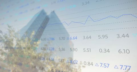 Digital Interface with Stock Market Overlay on Cityscape Background