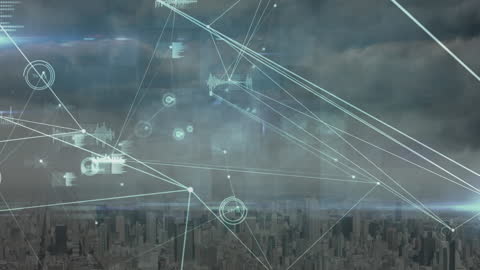 Digital Network Overlay Above Urban Skyline with Cloudy Sky