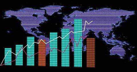 Neon global analytics dashboard with tiled bar charts and dual trend lines over purple world map