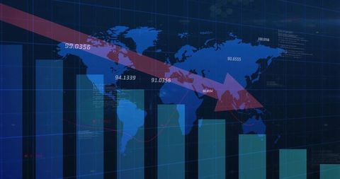 Global market downturn showing red downward arrow over bar chart and world map dashboard
