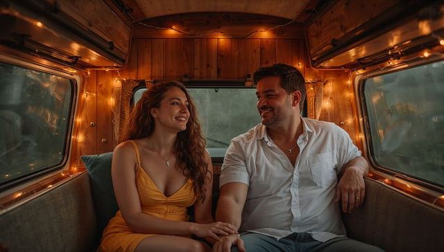 Couple Relaxing in Wood-Lined Camper with Fairy Lights, Cozy Romantic Evening