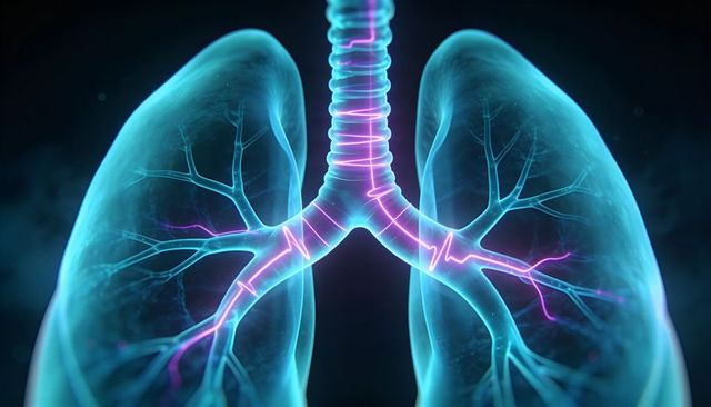 Glowing Lungs Showing Neon Pulse Along Trachea and Bronchi, 3D Medical Illustration