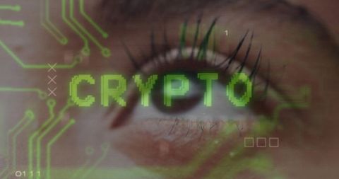 Female eye with crypto hologram and circuit traces for blockchain