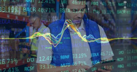 Warehouse Workers Analyzing Data Graph in Virtual Display