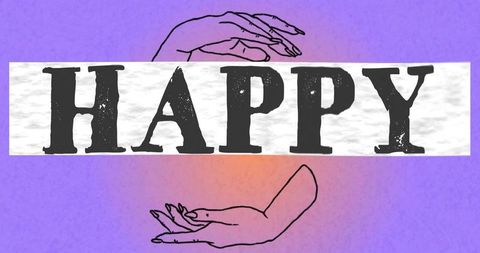 Bold happy typography on lavender band with hand line art and warm orange glow