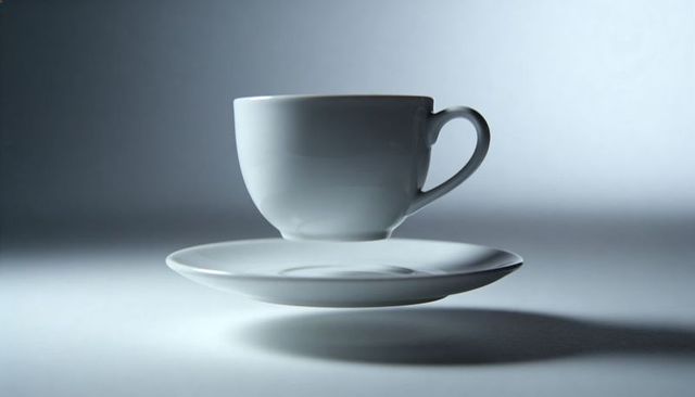 Sleek minimalist teacup and saucer levitating over tabletop, casting soft shadow, right-lit