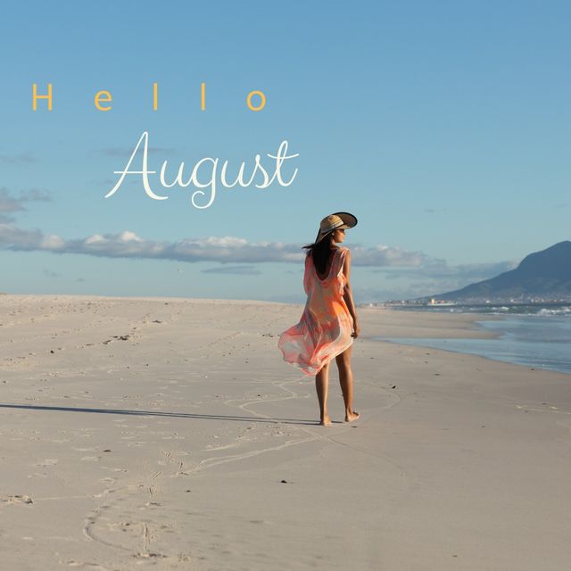 Composite of hello august text and rear view of caucasian young woman walking at beach against sky. blue, copy space, nature, hat, summer, lifestyle, greeting, enjoyment and holiday concept.