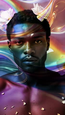 Vertical video showing light ribbons nudging model opening eyes, revealing blossoms and petals