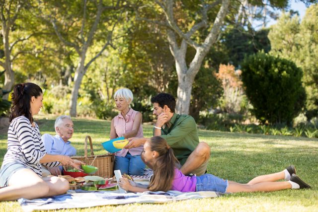Multigenerational family enjoying a sunny day outdoors, sharing a picnic on grass in a park. Ideal for concepts of family bonding, outdoor activities, leisure, and togetherness. Suitable for advertisements, family-oriented content, and lifestyle articles focusing on family values and outdoor recreation.