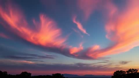 Mesmerizing Swirling Pink Clouds at Dusk Over Scenic Landscape