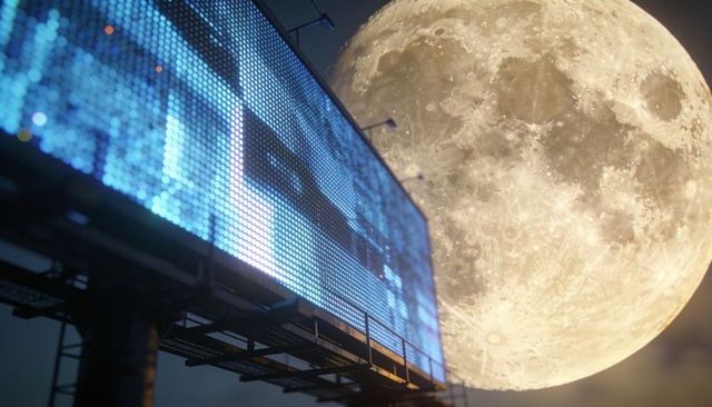 Giant moon behind glowing led billboard casting pixelated blue light over urban nightscape