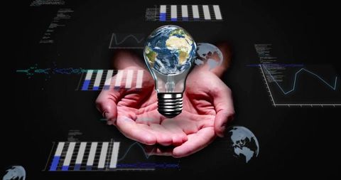 Hands holding earth lightbulb for global innovation, sustainable energy and data