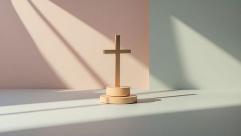 Golden cross on pedestal with minimalist two-tone backdrop