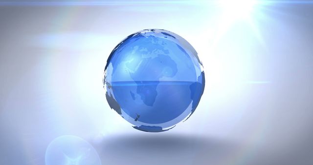 Abstract blue globe with sun flare and light effects, emphasizing global and futuristic concepts. Ideal for use in technology, international business, environmental awareness, and global connectivity themes.