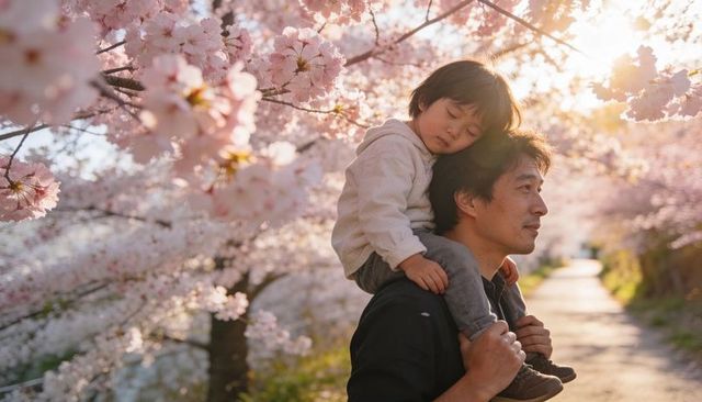 Father carrying child on shoulders walking under blooming cherry blossoms at golden hour